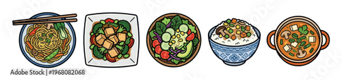 A clean, modern illustration showcasing a variety of delicious Asian dishes, including noodles, tofu, salad, rice, and soup, perfect for menus and food blogs.