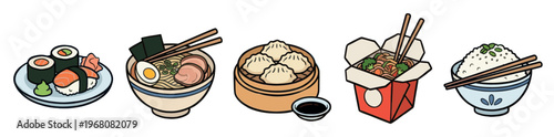 A collection of colorful, flat-style illustrations featuring popular Asian dishes like sushi, ramen, dumplings, noodles, and rice, perfect for food blogs, menus, or culinary concepts.