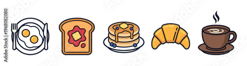 A collection of simple, colorful icons representing a classic breakfast spread including fried eggs, toast, pancakes, a croissant, and a coffee cup.