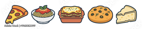 A vibrant collection of stylized Italian food icons featuring a slice of pepperoni pizza, spaghetti, lasagna, focaccia, and cheese on a white background.