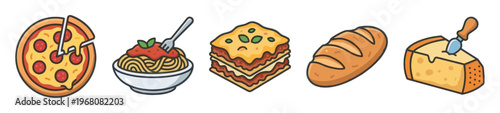 A vibrant, flat illustration set featuring classic Italian food items including pizza, spaghetti, lasagna, bread, and cheese, perfect for culinary themes.