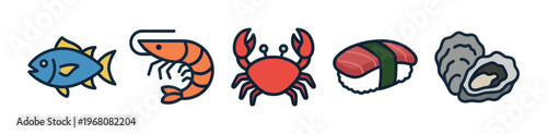 A clean, modern illustration set features five popular seafood items: a blue fish, an orange shrimp, a red crab, a salmon sushi roll, and an oyster on a white background.