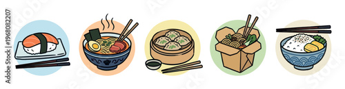 A collection of charmingly illustrated Asian food icons including sushi, ramen, dumplings, noodles, and rice presented on colorful circles, perfect for menus or culinary themes.