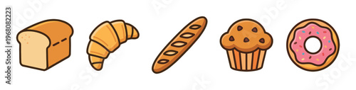 A simple, flat illustration showcases a collection of popular bakery items including bread, croissant, baguette, muffin, and donut on a white background.