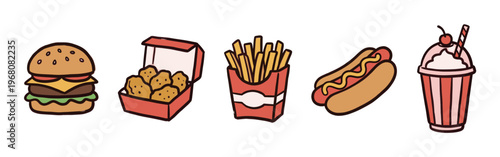 A whimsical, hand-drawn illustration features a collection of classic fast food items, including a burger, chicken nuggets, fries, a hot dog, and a milkshake, all isolated on a white background.