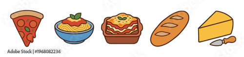 A vibrant collection of hand-drawn Italian food icons, including pizza, spaghetti, lasagna, baguette, and cheese, perfect for menus or culinary themes.