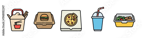 A collection of colorful cartoon-style icons representing various popular takeout food items, perfect for menus, apps, or delivery services.