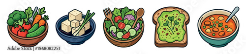 A collection of stylized, cartoon-like icons representing healthy and vegetarian food items including fresh vegetables, tofu, salad, avocado toast, and soup on a white background.