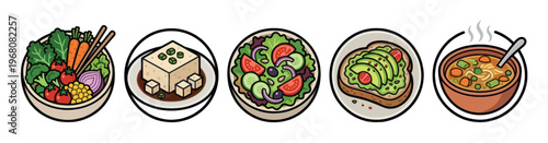 A vibrant collection of five illustrated dishes including salad, tofu, avocado toast, and soup, representing a healthy and diverse diet.