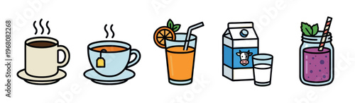 A collection of five diverse beverage illustrations including hot coffee, tea, orange juice, milk carton, and a berry smoothie, all presented in a clean cartoon style on a white background.