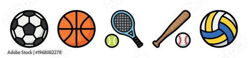 A vibrant collection of stylized sports equipment icons including soccer, basketball, tennis, baseball, and volleyball on a clean white background.