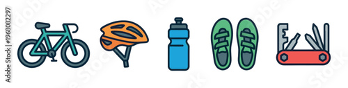 A collection of flat design icons featuring a bicycle, helmet, water bottle, cycling shoes, and a multi-tool, perfect for sports or outdoor recreation themes.
