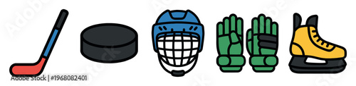 A clean, graphic illustration displays essential ice hockey equipment including a stick, puck, helmet, gloves, and skate against a white background.