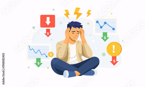 Stressed person surrounded by falling charts and financial symbols representing anxiety, tax pressure and money related problems.