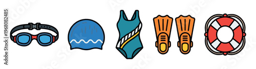 A collection of flat design icons representing swimming gear including goggles, swim cap, swimsuit, flippers, and a lifebuoy, suitable for sports or leisure themes.