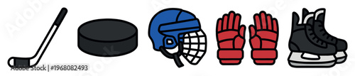 A flat design illustration featuring essential ice hockey gear including a stick, puck, helmet, gloves, and skates arranged in a clean row.