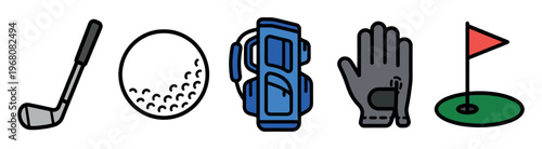 A clean, vector illustration featuring five distinct icons of golf equipment, including a club, ball, bag, glove, and hole with flag, all set against a white background.
