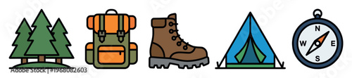 A colorful collection of flat design icons represents essential camping and trekking gear, including trees, backpack, boot, tent, and compass on a white background.