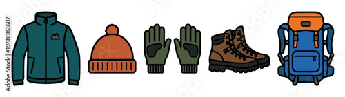 A set of flat design icons representing outdoor adventure gear including a jacket, hat, gloves, boots, and backpack, isolated on a white background.