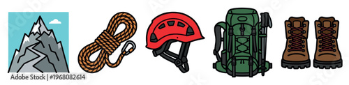 A colorful illustration of essential mountain climbing equipment including a peak, rope, helmet, backpack, poles, and boots, ideal for adventure and outdoor themes.