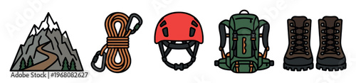 A vibrant collection of illustrated outdoor adventure gear including a mountain, climbing rope, helmet, backpack, and hiking boots on a white background.