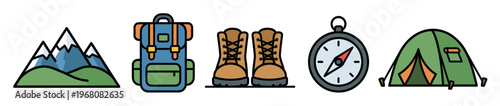 A set of colorful, flat-style vector icons depicting essential camping and hiking equipment including mountains, backpack, boots, compass, and tent.