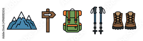 A collection of cartoon-style icons represents essential hiking gear, including mountains, a directional sign, a backpack, trekking poles, and hiking boots, set against a white background.