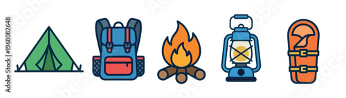 A vibrant set of colorful flat icons representing essential camping equipment like a tent, backpack, campfire, lantern, and sleeping bag on a white background.