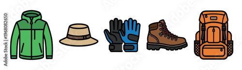 A collection of colorful, flat design illustrations features a green jacket, beige hat, blue and black gloves, brown hiking boots, and an orange backpack on a white background.