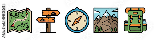 A collection of flat design icons representing outdoor adventure, including a map, signpost, compass, mountain landscape, and backpack.