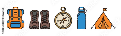 A graphic illustration of essential camping equipment including a backpack, hiking boots, a compass, a water bottle, and a tent, presented as distinct icons.
