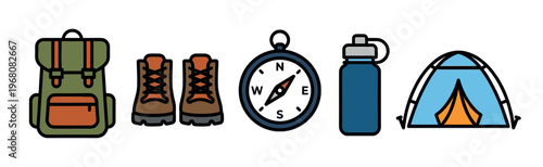 A collection of flat design illustrations of camping gear including a backpack, boots, compass, water bottle, and tent on a white background.