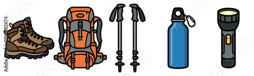 Collection of illustrated outdoor adventure equipment including boots, a backpack, trekking poles, a water bottle, and a flashlight, set against a white background.
