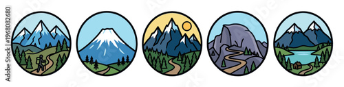 A collection of five circular vector illustrations depicting various mountain landscapes with hiking, forests, lakes, and cabins, perfect for adventure themes.