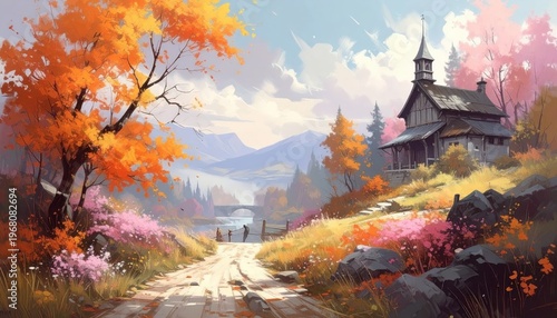 Autumn scene; path to cottage, vibrant foliage, dreamy landscape