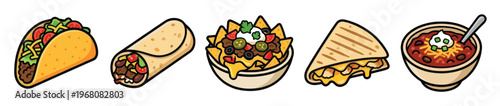 A vibrant cartoon illustration showcases a collection of popular Mexican dishes including a taco, burrito, nachos, quesadilla, and a bowl of chili on a white background.