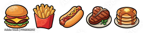 A colorful collection of cartoon food illustrations includes a juicy burger, crispy french fries, a classic hot dog, a grilled steak, and sweet pancakes with syrup and butter.