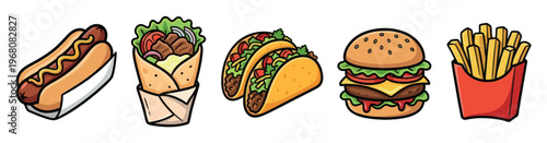 A vibrant cartoon illustration showcases a collection of popular fast food items including a hot dog, gyro, tacos, hamburger, and french fries, isolated on a white background.