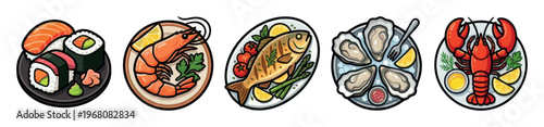 A vibrant, cartoon-style illustration showcases a collection of popular seafood dishes including sushi, shrimp, grilled fish, oysters, and lobster, all artfully arranged on plates.