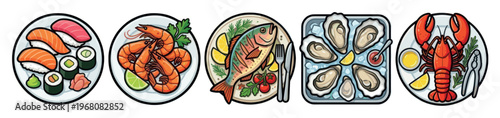 A vibrant, top-down collection of illustrated seafood dishes including sushi, shrimp, a whole fish, oysters, and lobster, presented with garnishes and cutlery.