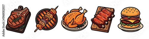A vibrant cartoon illustration showcases a selection of grilled foods, including steak, skewers, chicken, ribs, and a burger, perfect for menus or culinary themes.