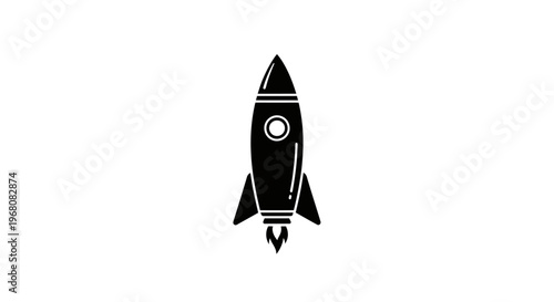 Black rocket icon launching with flames, isolated on white background. Symbolizing startup, innovation, progress, and space exploration.