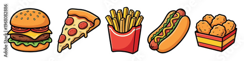 A fun, illustrated collection of popular fast food items including a burger, pizza slice, french fries, hot dog, and chicken nuggets on a white background.