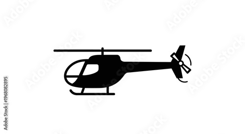 Black helicopter icon silhouette. Minimalist transport aircraft symbol on a white background. Air travel sign design element.