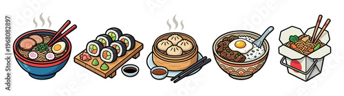 A vibrant, flat illustration showcases a collection of popular Asian dishes including ramen, sushi, dumplings, rice bowl, and take-out noodles, perfect for culinary themes.