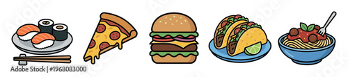A vibrant, flat illustration featuring a variety of popular fast foods including sushi, pizza, a burger, tacos, and spaghetti, presented on a clean white background.