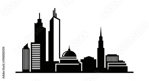 Dynamic black silhouette of a modern city skyline with diverse buildings and tall skyscrapers, illustrating urban architecture and downtown life.
