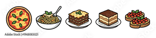 A flat illustration of five popular Italian food items arranged in a row, including pizza, spaghetti, lasagna, tiramisu, and bruschetta.
