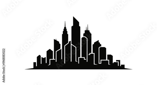 Modern Urban City Skyline Silhouette Vector Icon Illustration with Tall Skyscrapers and Architectural Buildings on White Background