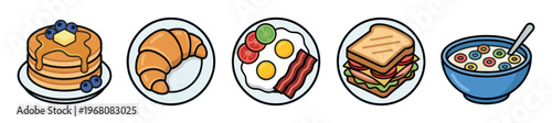 A vibrant collection of illustrated breakfast foods including pancakes, croissant, fried eggs, sandwich, and cereal in a blue bowl, perfect for menus or designs.